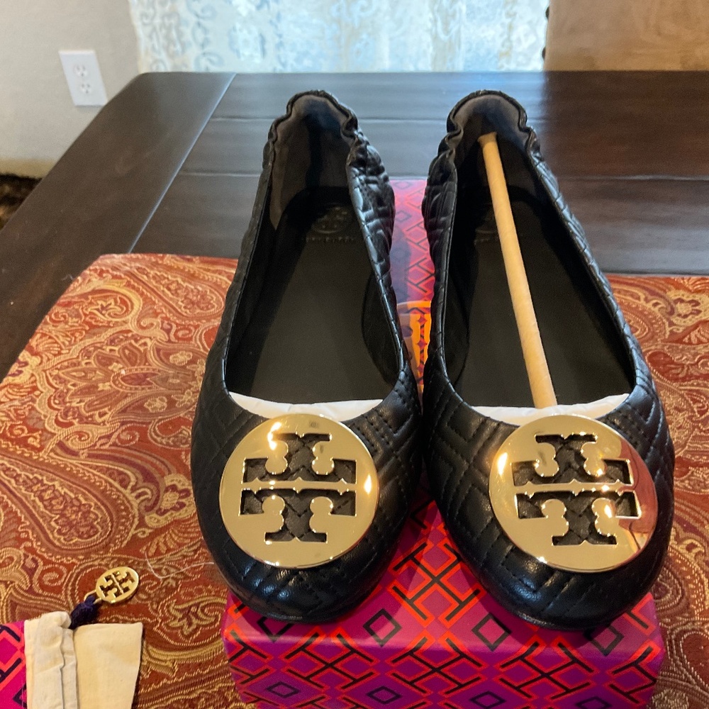 Tory Burch Quilted Minnie Ballet Flat in Perfect Black/Gold, BNIB,MSRP$238